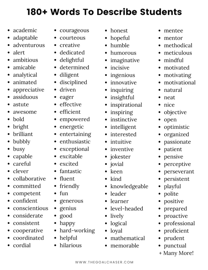 Lista de adjetivos para estudiantes