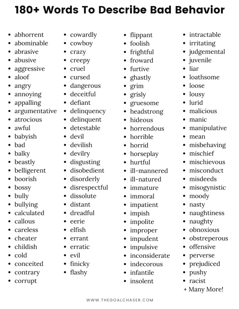 lista de palabras que describen malos comportamientos